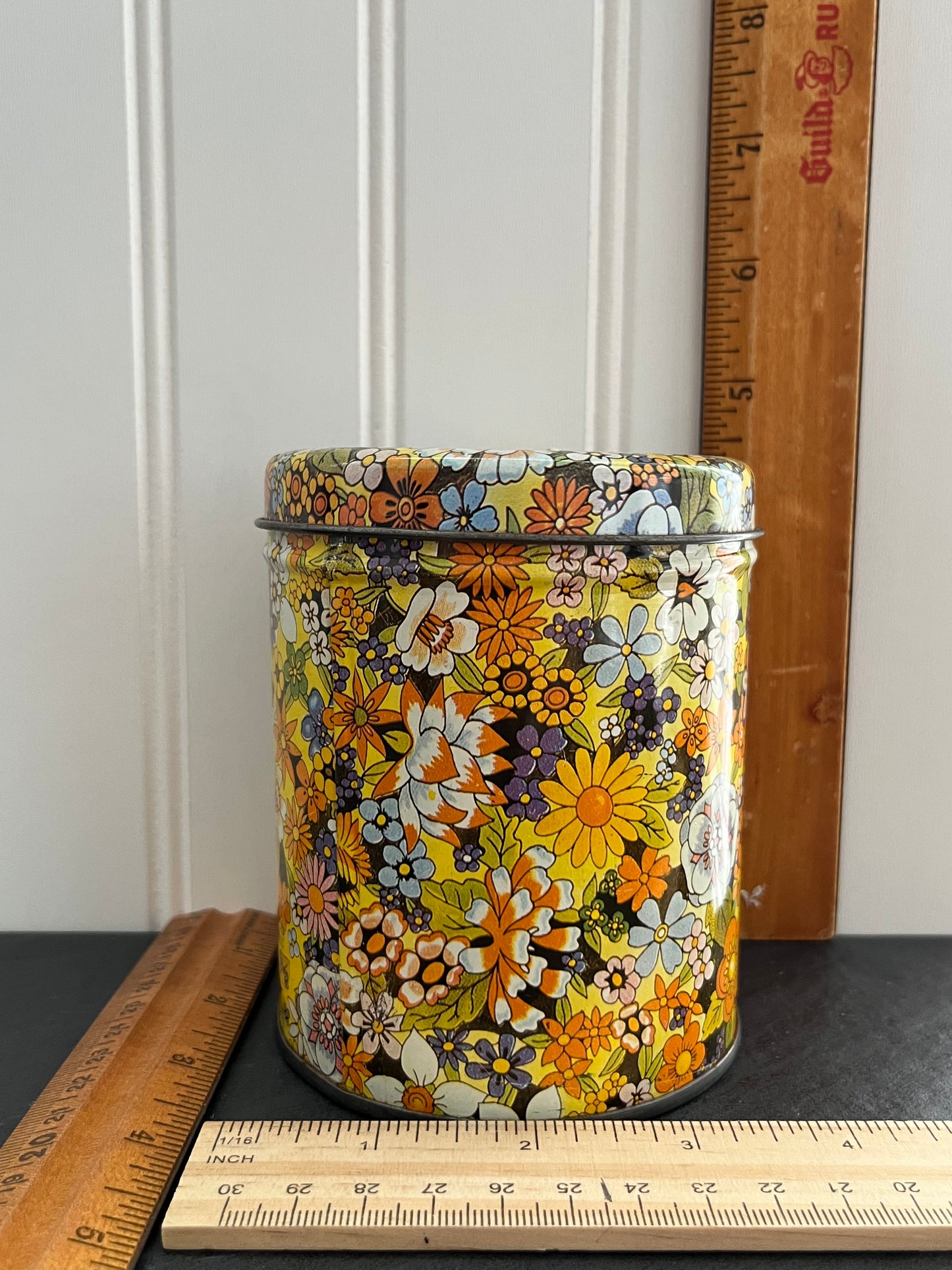Vintage 1970’s Tea Tin Canister- Fabulous Flower Graphics Floral Chintz
