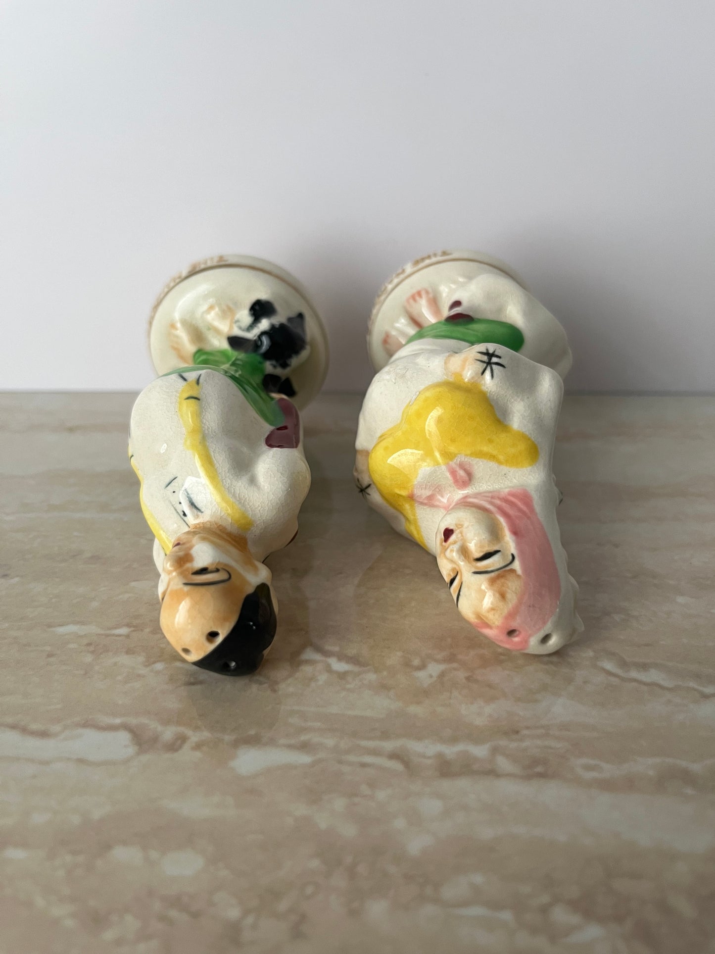 1950s “Time Marches On” Bride & Groom Salt & Pepper Shakers – Before & After Marriage Novelty Japan Ceramic