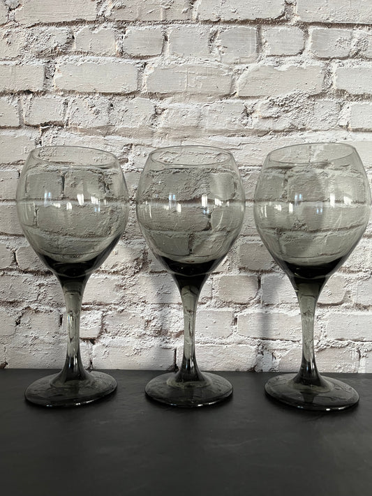 Vintage 1970s Smoky Gray Wine Stemware Glasses – Set of 3, Mid-Century Modern Elegance