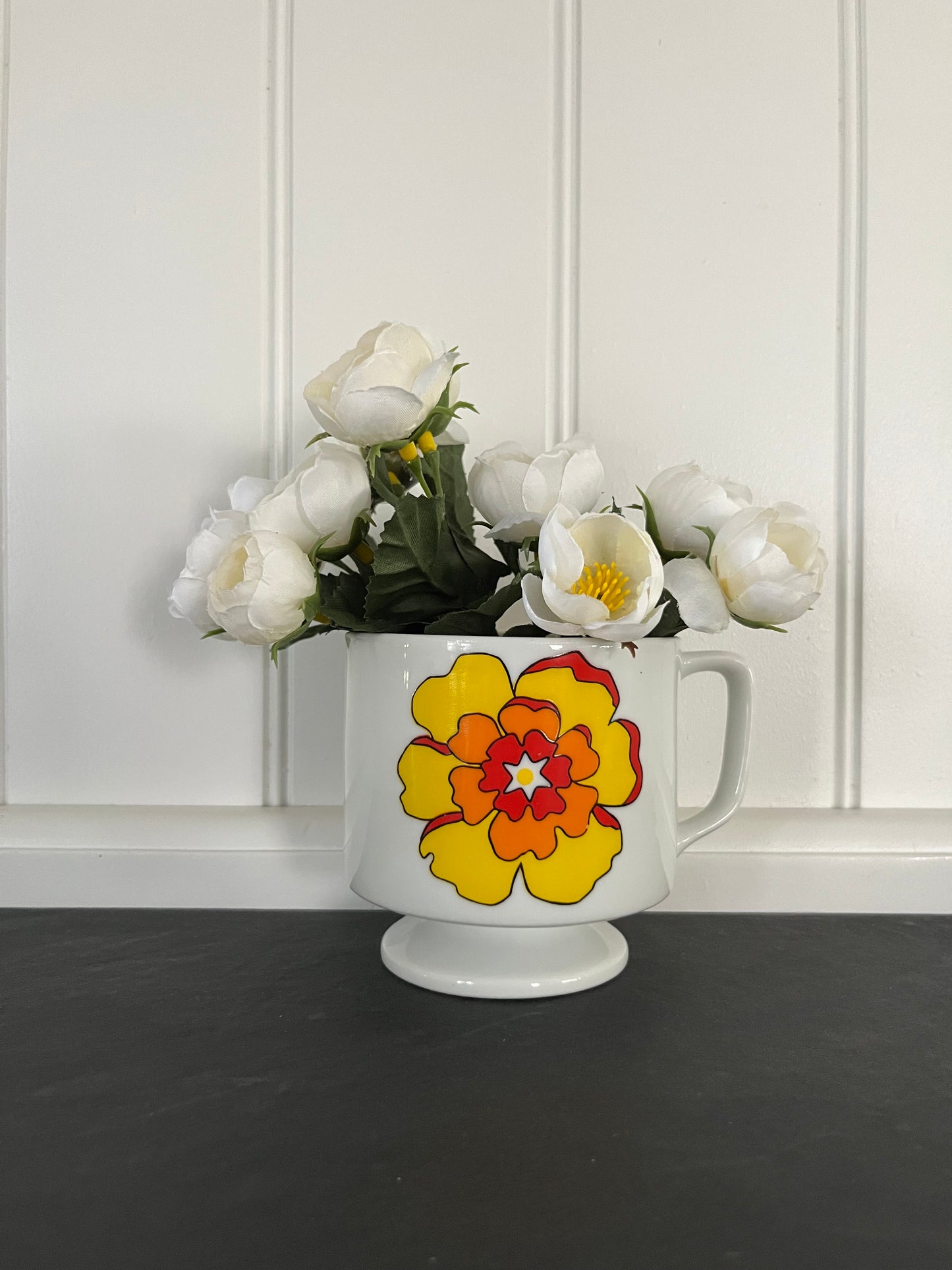 Vintage  1970s Mod Flower Pedestal Mug – Bright Yellow & Red Bloom