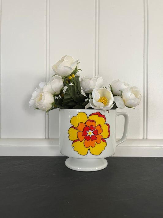 Vintage  1970s Mod Flower Pedestal Mug – Bright Yellow & Red Bloom