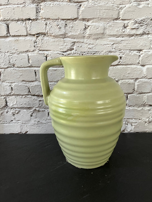 Vintage c1970s Sage Green Ribbed Ceramic Pitcher Vase with Handle | Mid-Century Modern Cottage Decor