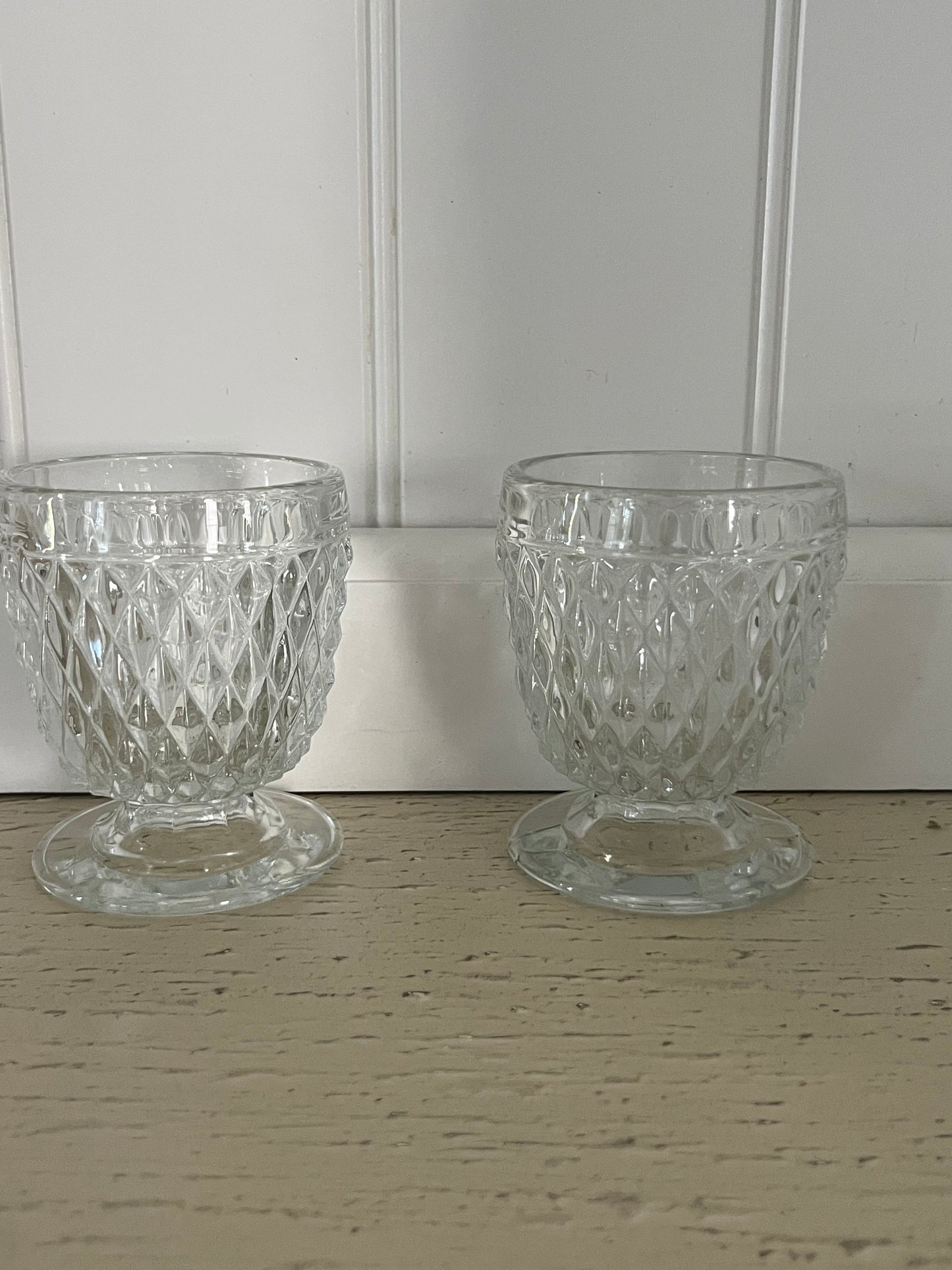 Vintage Pair Indiana Glass “Diamond Point” Clear Cut Footed Dessert Cups | Pair | c. 1960s–1970s