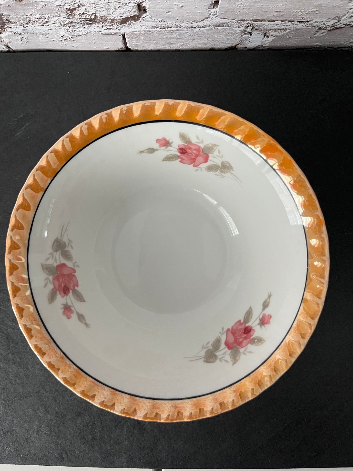 Vintage 1950s Japanese Porcelain Dessert Bowls with Pink Rose Sprays & Amber Scalloped Rim – Set of 2 Floral Cottage China Bowls