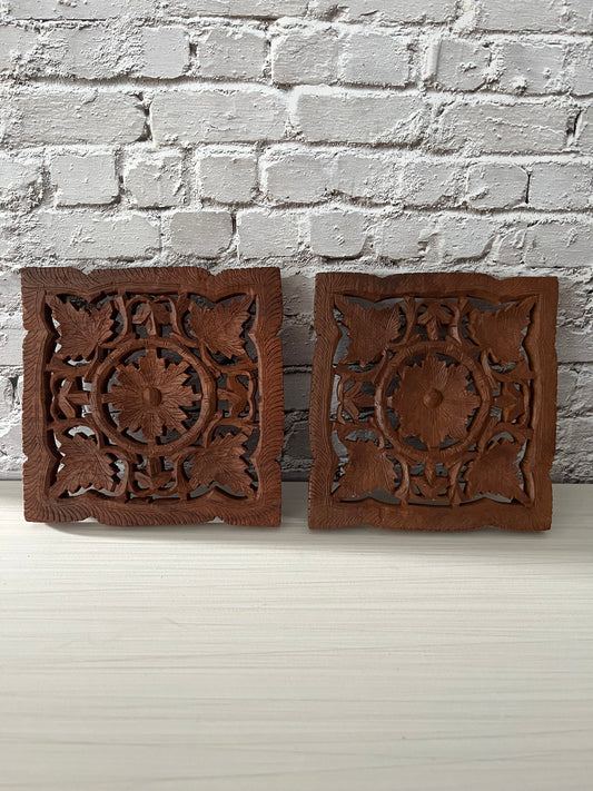 Retro Hand-Carved Indian Hardwood Floral Lattice Trivet Pair — Mid-Century (c. 1960s–1970s)