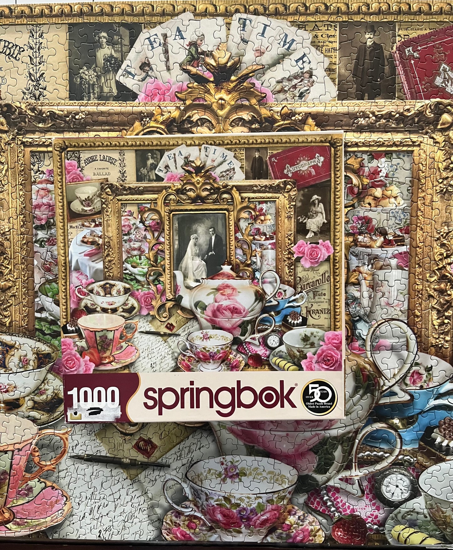 Springbok “Tea for Two” Romantic Rose Tea Set Collage Puzzle — 1000 Piece — Vintage Victorian Style — Made USA — c. 2010s–2020s