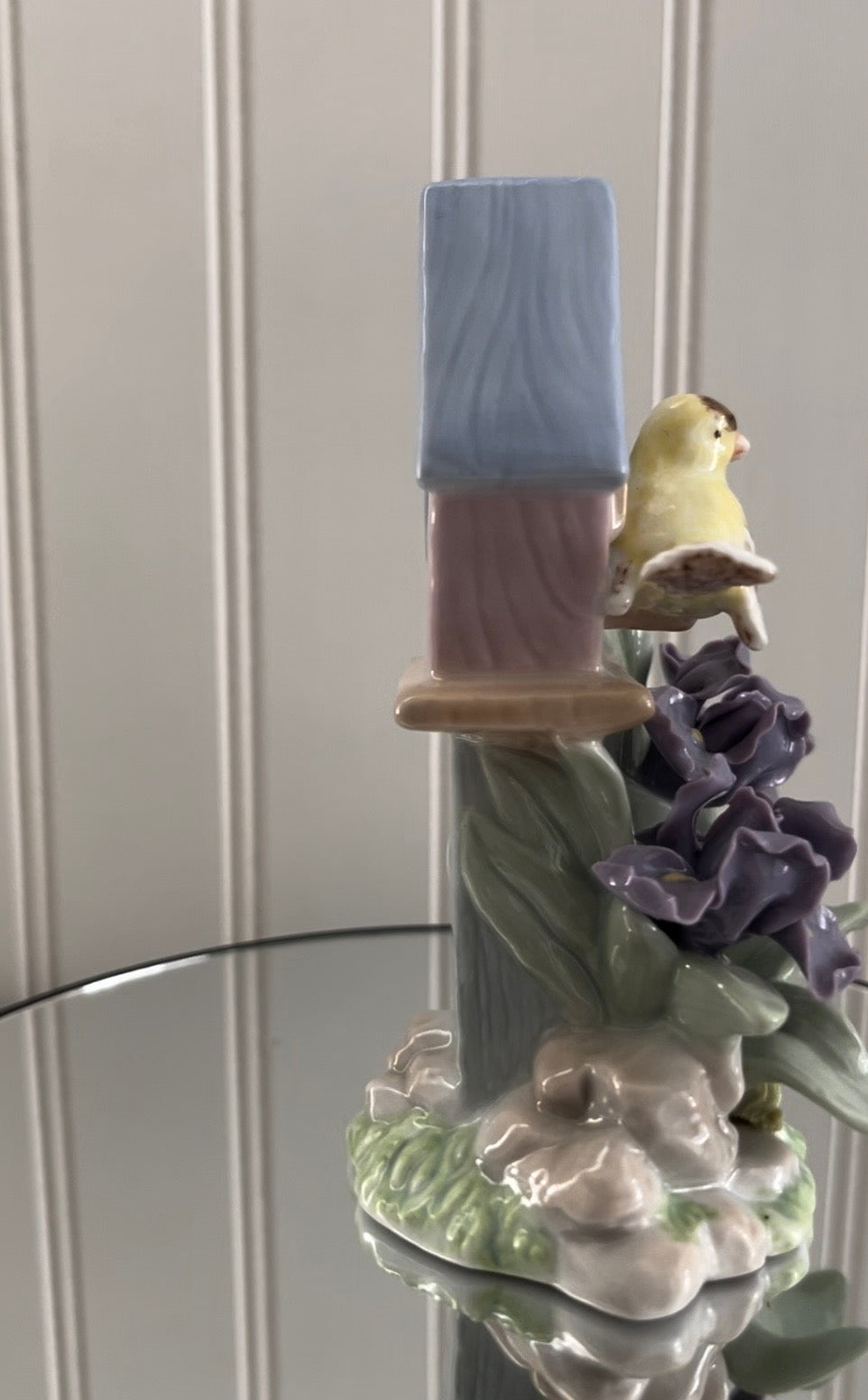Vintage c.1990s Porcelain  Birdhouse & Iris Figurine | Cottagecore Spring Garden Decor