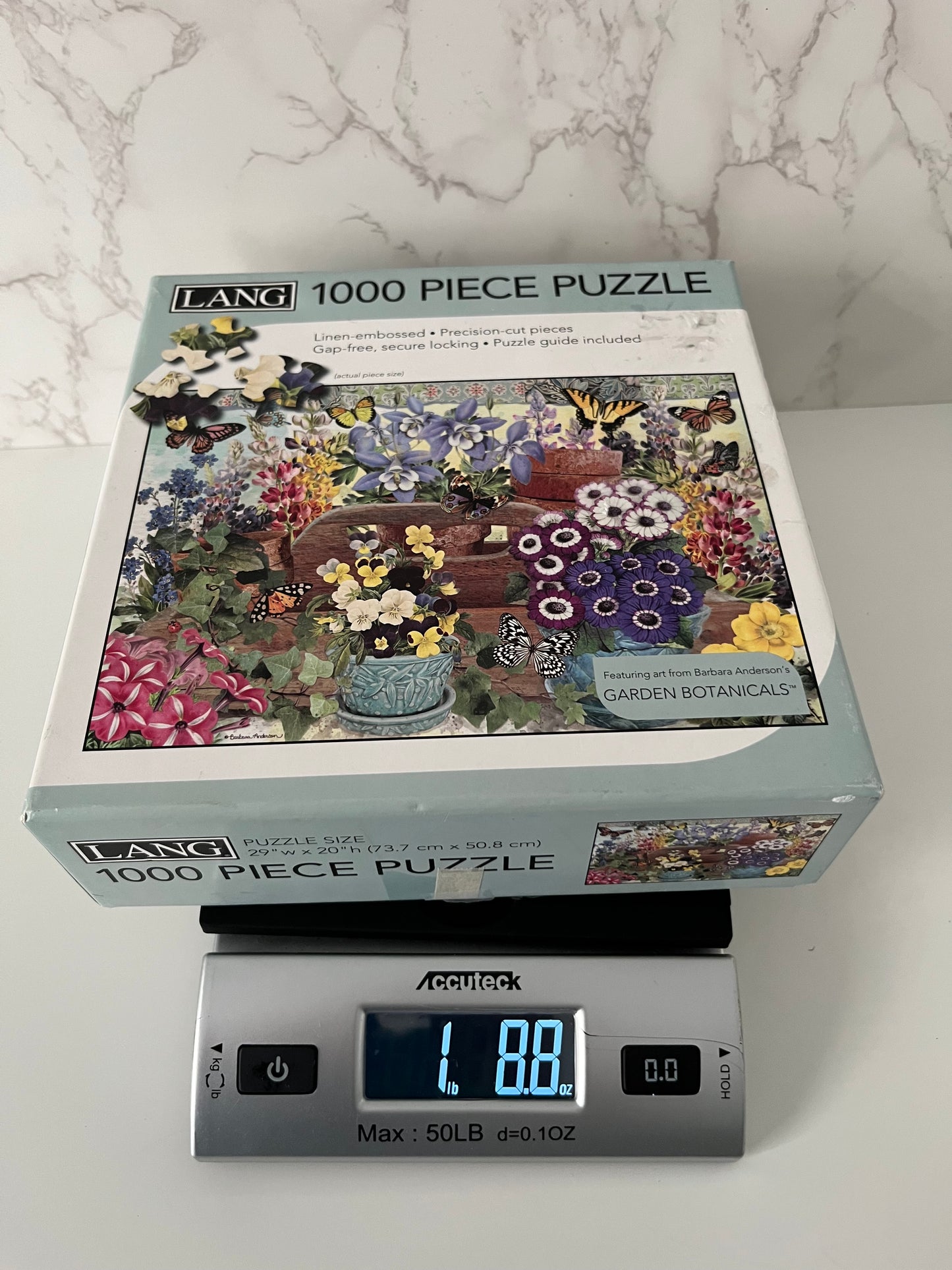 Retro LANG “Garden Botanicals” 1000-Piece Jigsaw Puzzle – Barbara Anderson Floral Butterfly Art – Complete with  Box