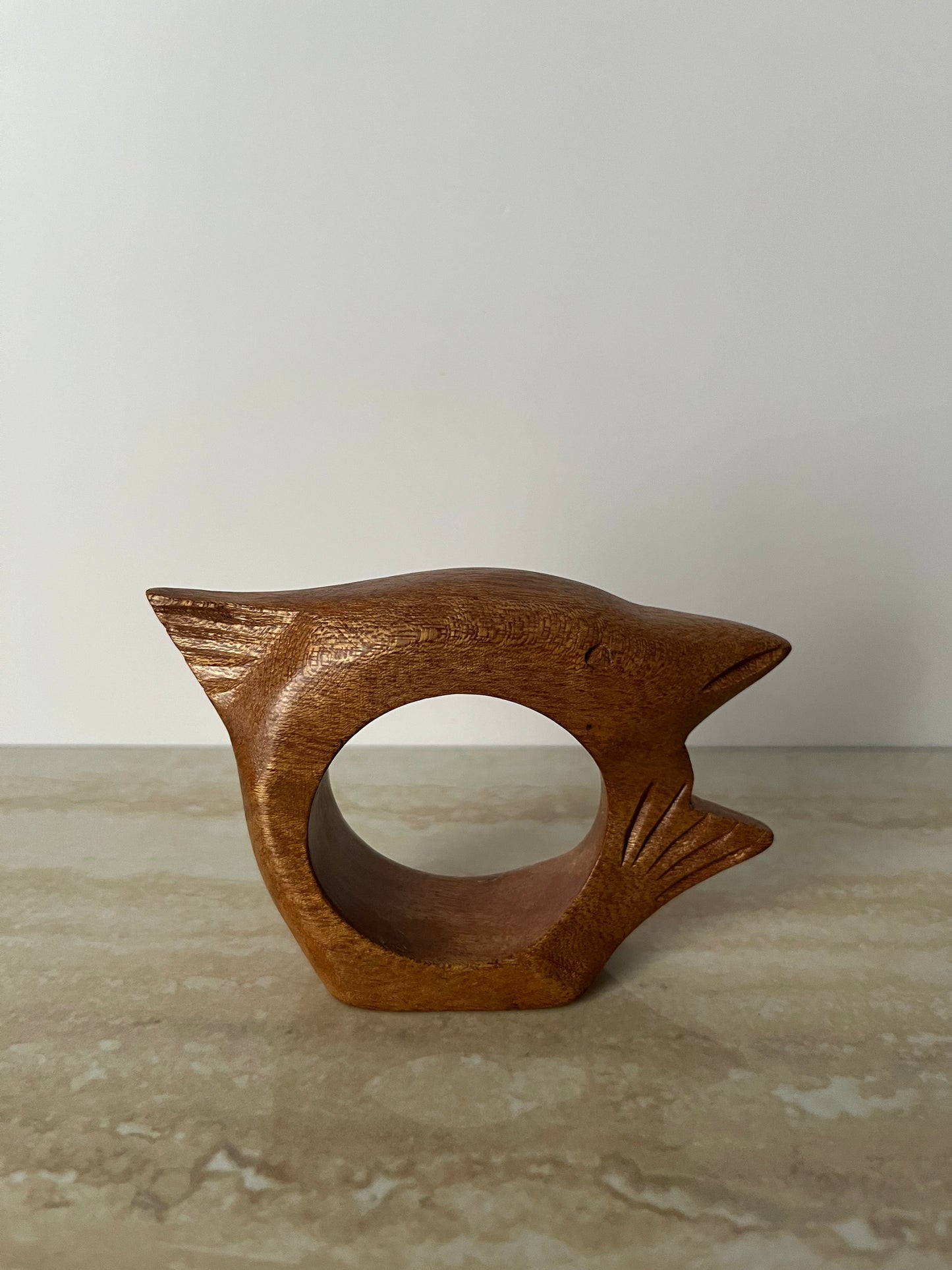 Vintage 1970s Hand-Carved Wooden Fish Napkin Rings – Sculptural Mid-Century Modern Set of 4