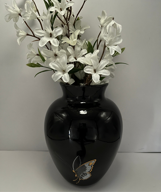 Vintage Black Lacquer Butterfly Japanese-Style Ginger Jar Vase | 1960s-1970s