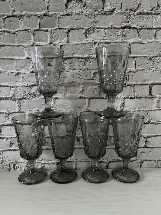 Retro Smoke-Gray Diamond-Cut Footed Goblets – Set of 6 (c. 1970s–1980s)