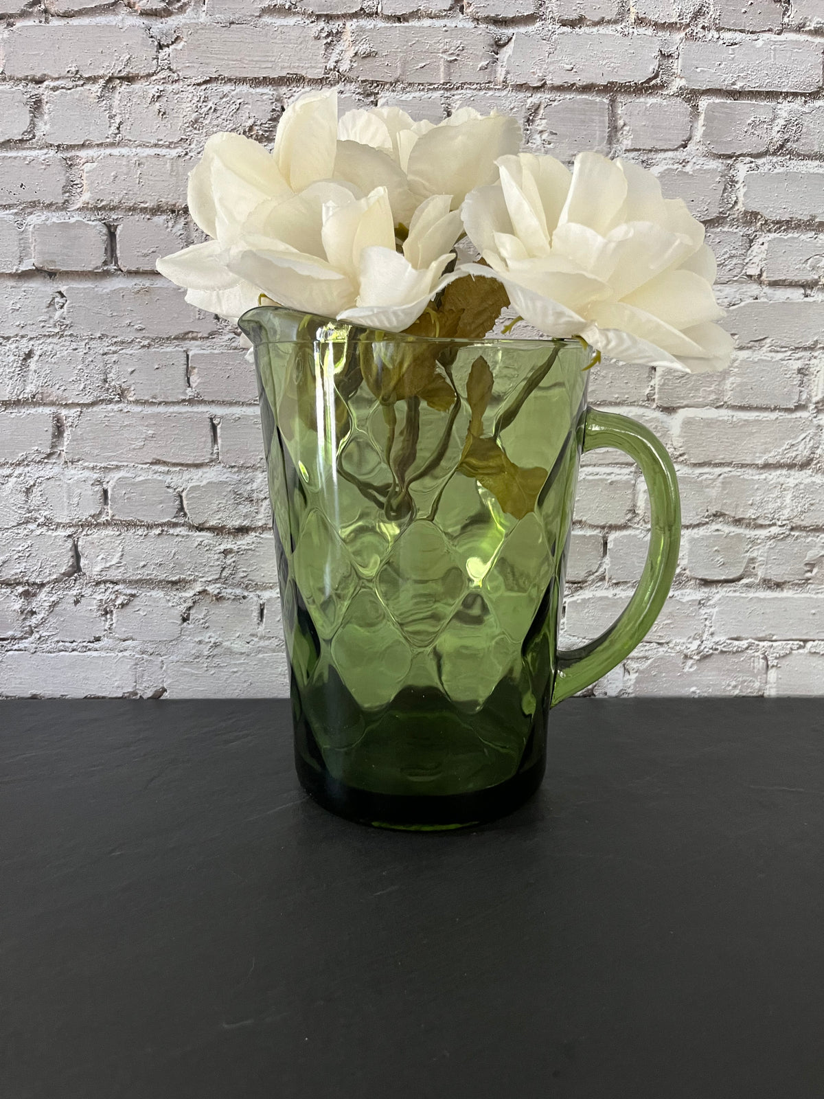 Vintage Hazel Atlas Avocado Green Diamond Glass Pitcher – 1960s