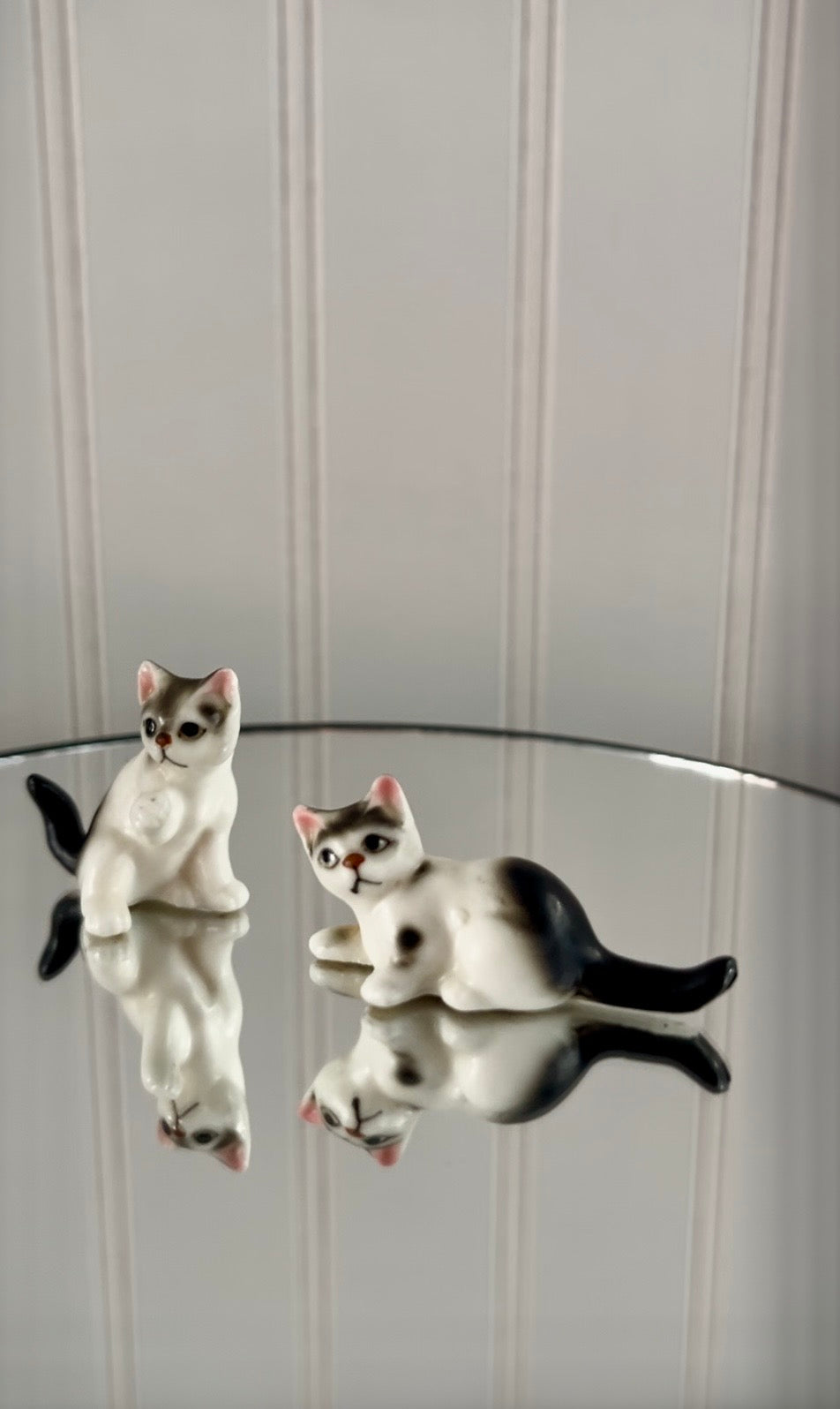 Vintage  c1960’s Kitsch Miniature Gray Black & White Kitten Figurines — Mid-Century Porcelain Cat Pair