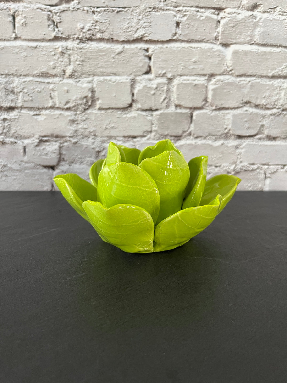 Vintage Style Chartreuse Lime Green Ceramic Lotus Flower Tealight Holder | Sculptural Botanical