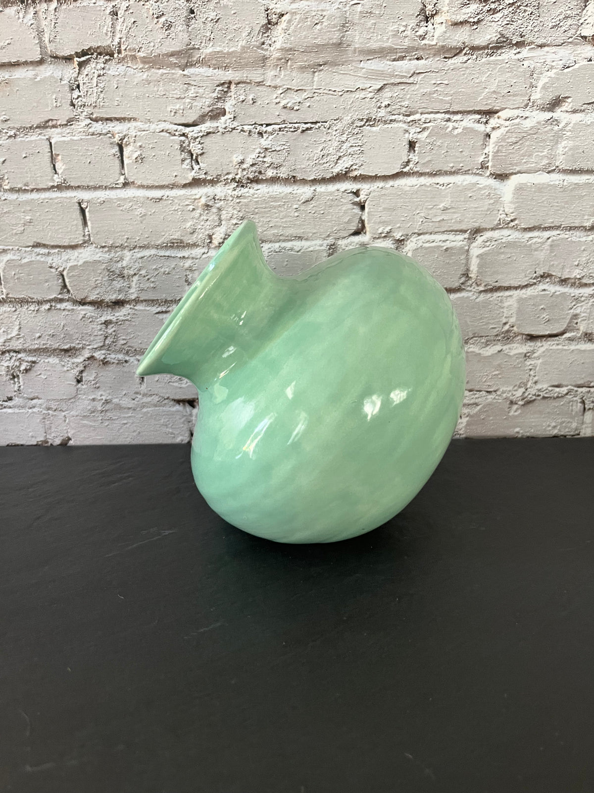 Vintage Style Chat Seafoam Green Side-Opening Ceramic Vase Pottery Pot – Sculptural Tilted Vase – 6”