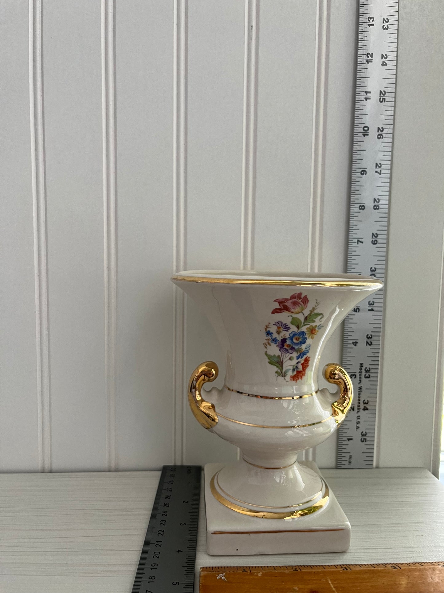 Vintage European Trophy Vase – Campana Floral Design with Gold Trim – Porcelain Urn Style with Footed Pedestal
