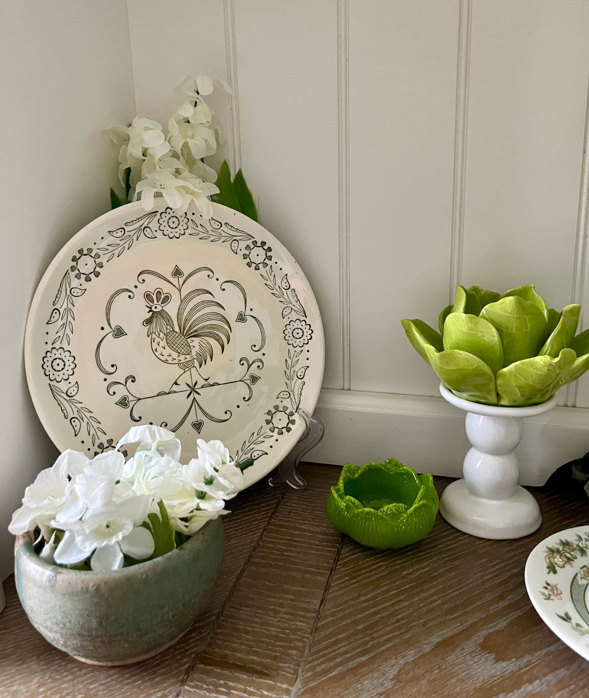 Vintage c1970s Signed Studio Pottery Bowl, Vessel | Green & Speckled Cream Handmade Ceramic