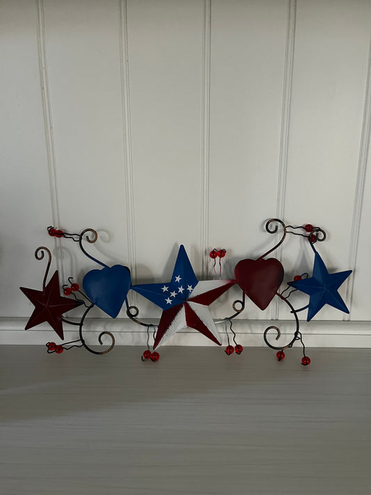 Americana Patriotic Metal Wall Décor with Stars & Hearts | Red White & Blue Country Folk Art Wall Hanging