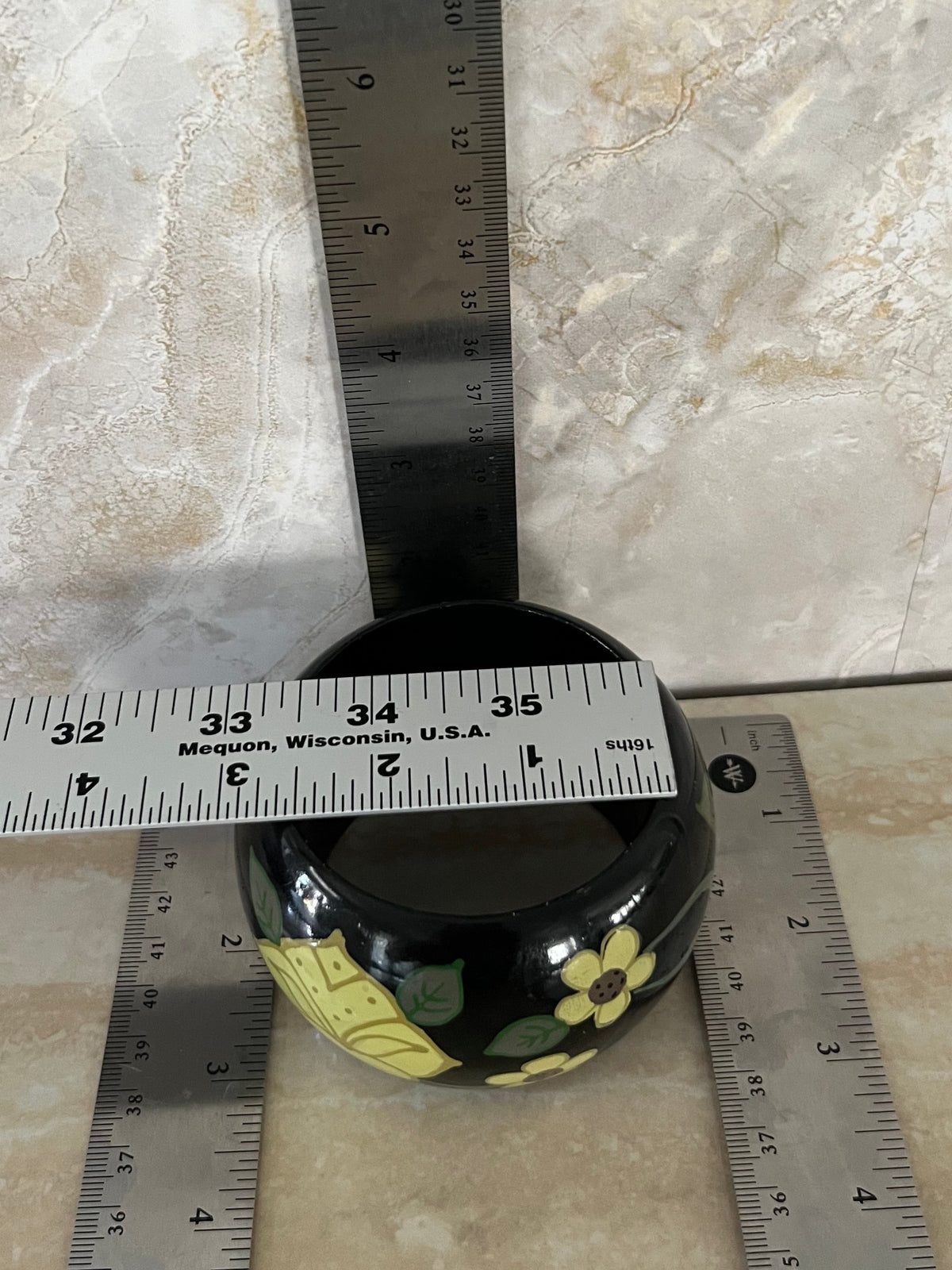 Vintage 1970s Boho Folk Art Hand-Painted Chunky Wooden Bangle Bracelet – Black & Yellow Floral Cuff – 2” small slip-on opening