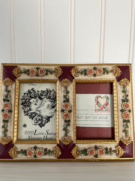 Vintage Romantic Rose Victorian Style Double Picture Frame – Burgundy & Gold Floral Ornate Frame – Early 2000s Cottagecore Decor