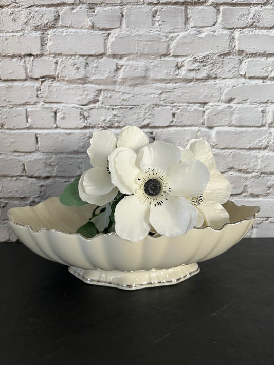 Vintage Lenox Symphony Pattern Cream Centerpiece Serving Bowl - Platinum/Silver Trim - 11" Width -