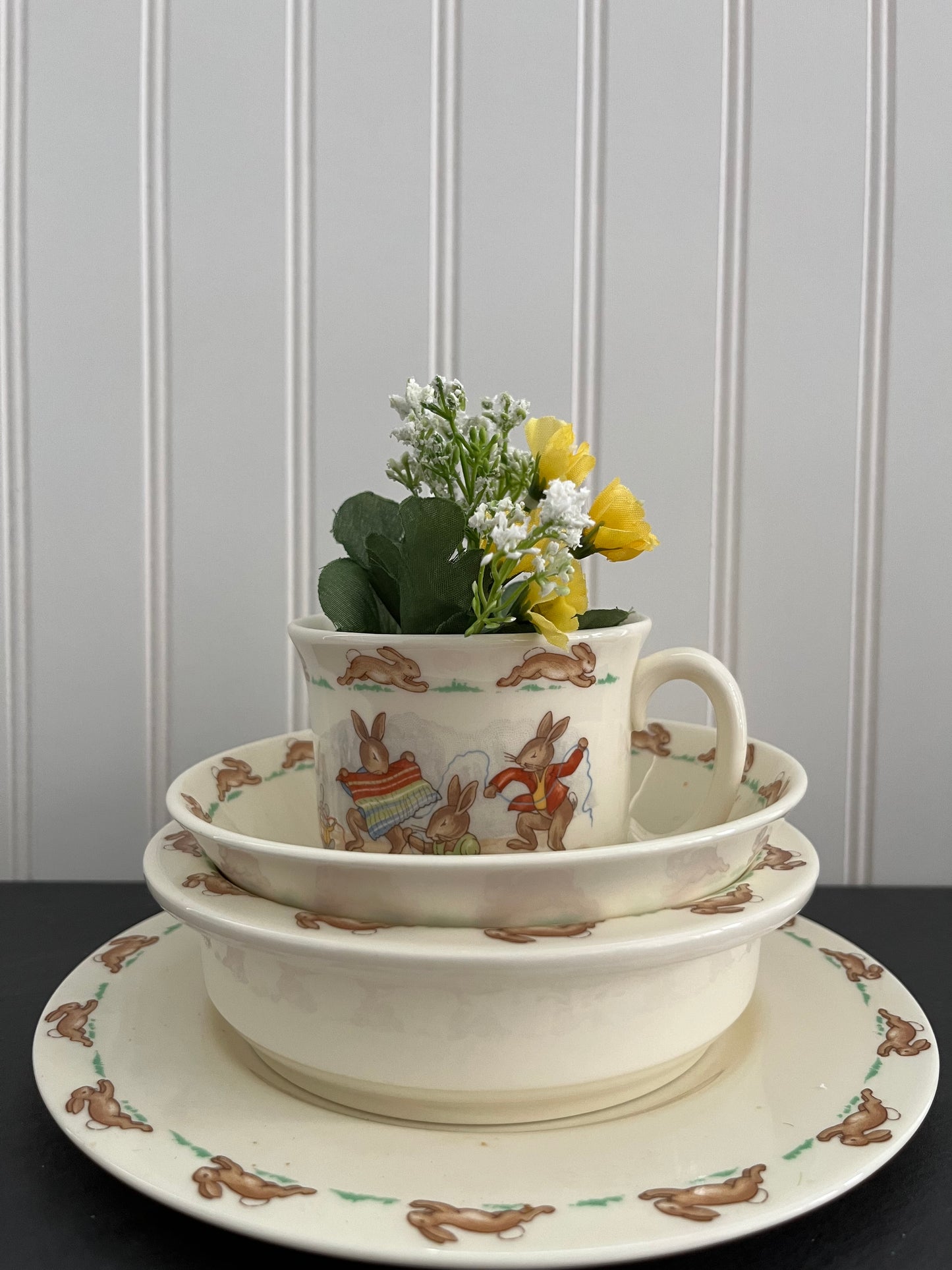 1936 Royal Doulton Bunnykins Mug – Yarn Knitting & Dance Scene – Vintage English Bone China (3”)