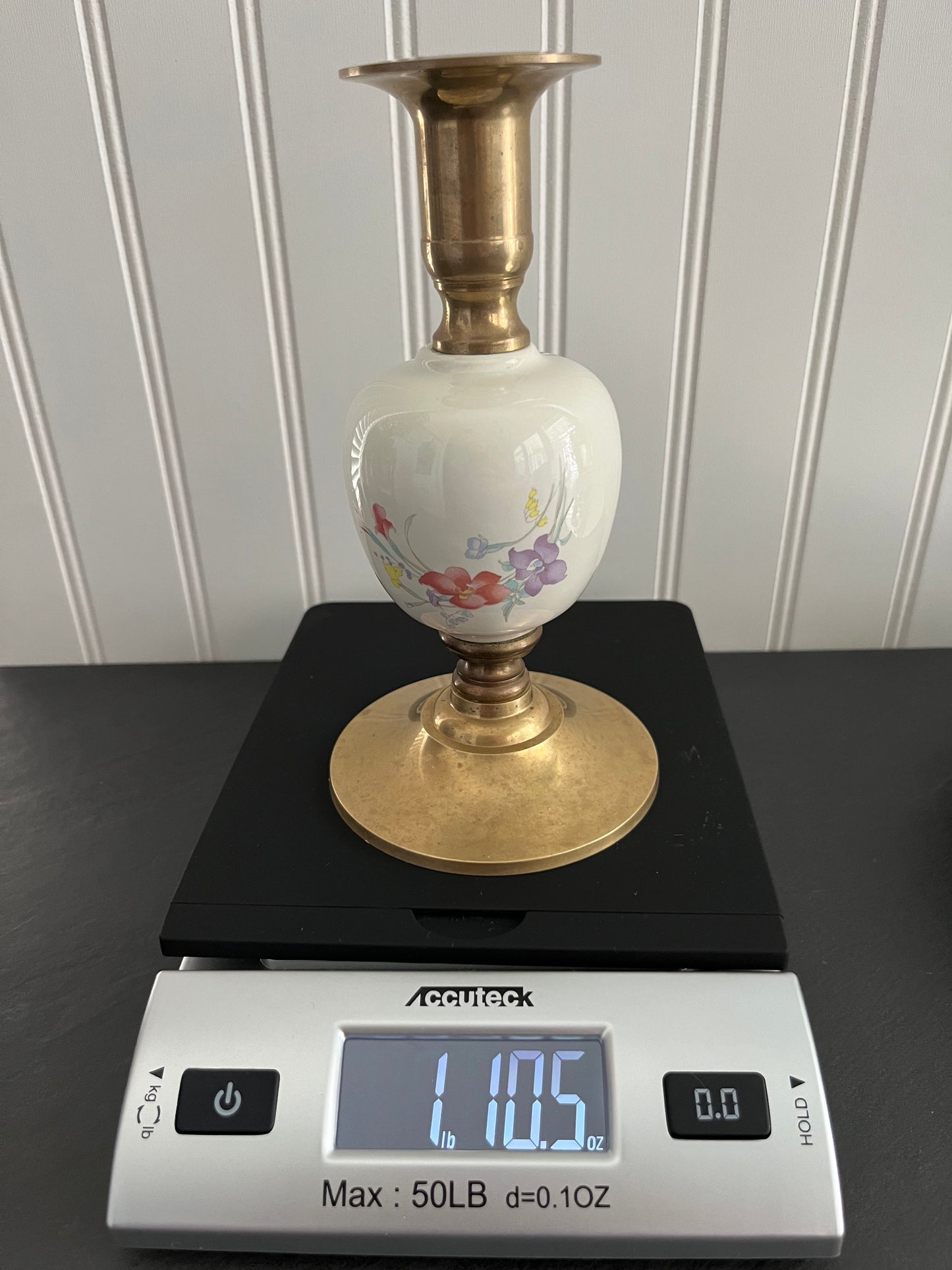 Vintage c.1980s Brass & Porcelain Floral Candlestick Holder | Cottagecore Taper Candle Decor