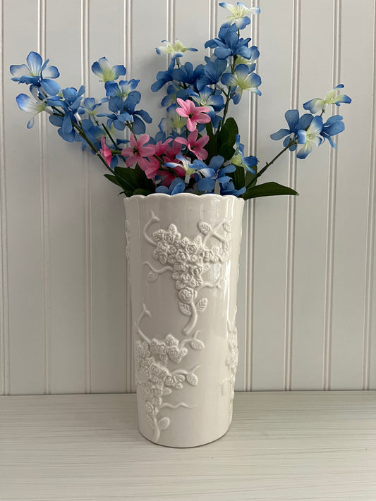 Vintage Rose Vine Embossed White Ceramic Scalloped Top Vase - 9.5" Height - 4.5" Diameter - Classic Elegance
