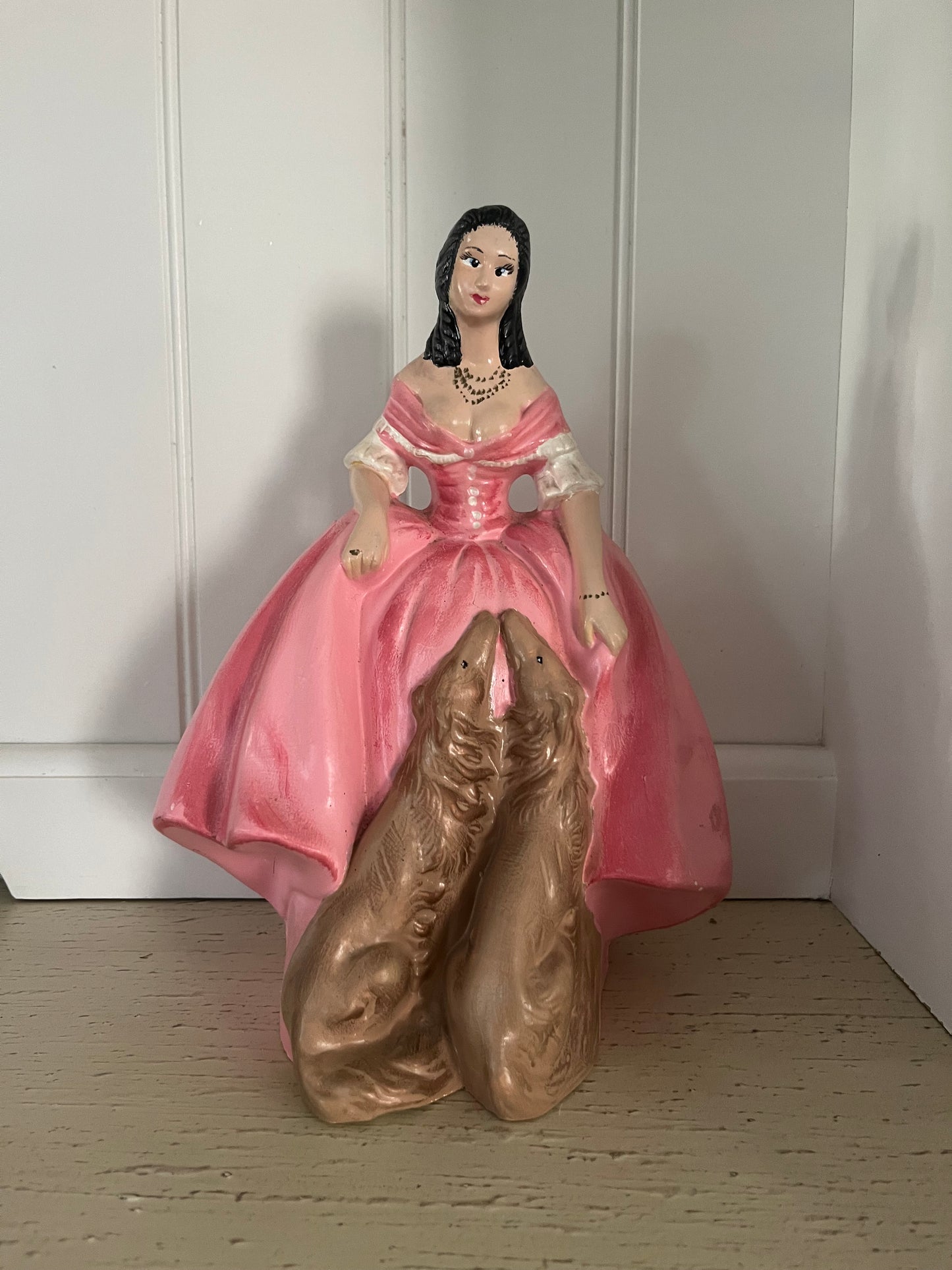 Mid-Century Quirky Chalkware Regency Lady with Dogs Figurine (1950s–1960s) | Dramatic, Romantic, and Delightfully Extra