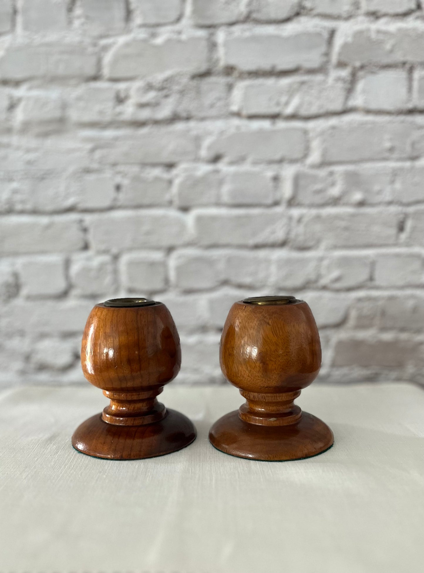Vintage Turned in Myrtle Wood With  Brass Inset Metal Cups Taper Candle Holders (c.1970s) – Pair