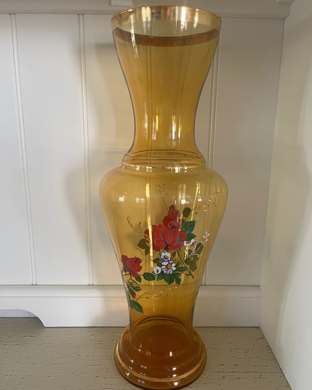 Vintage Amber Hand Blown Glass Tall Floor Vase with Hand-Painted Floral Motif & Gold Rim Accents c. 1960s