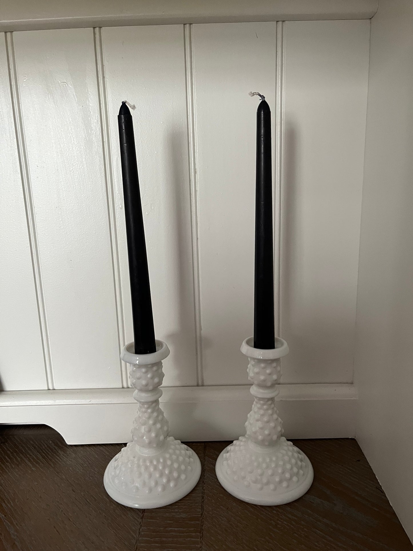 Vintage Fenton 1960’s Art Milk Glass Hobnail 6” Candlesticks - Pair