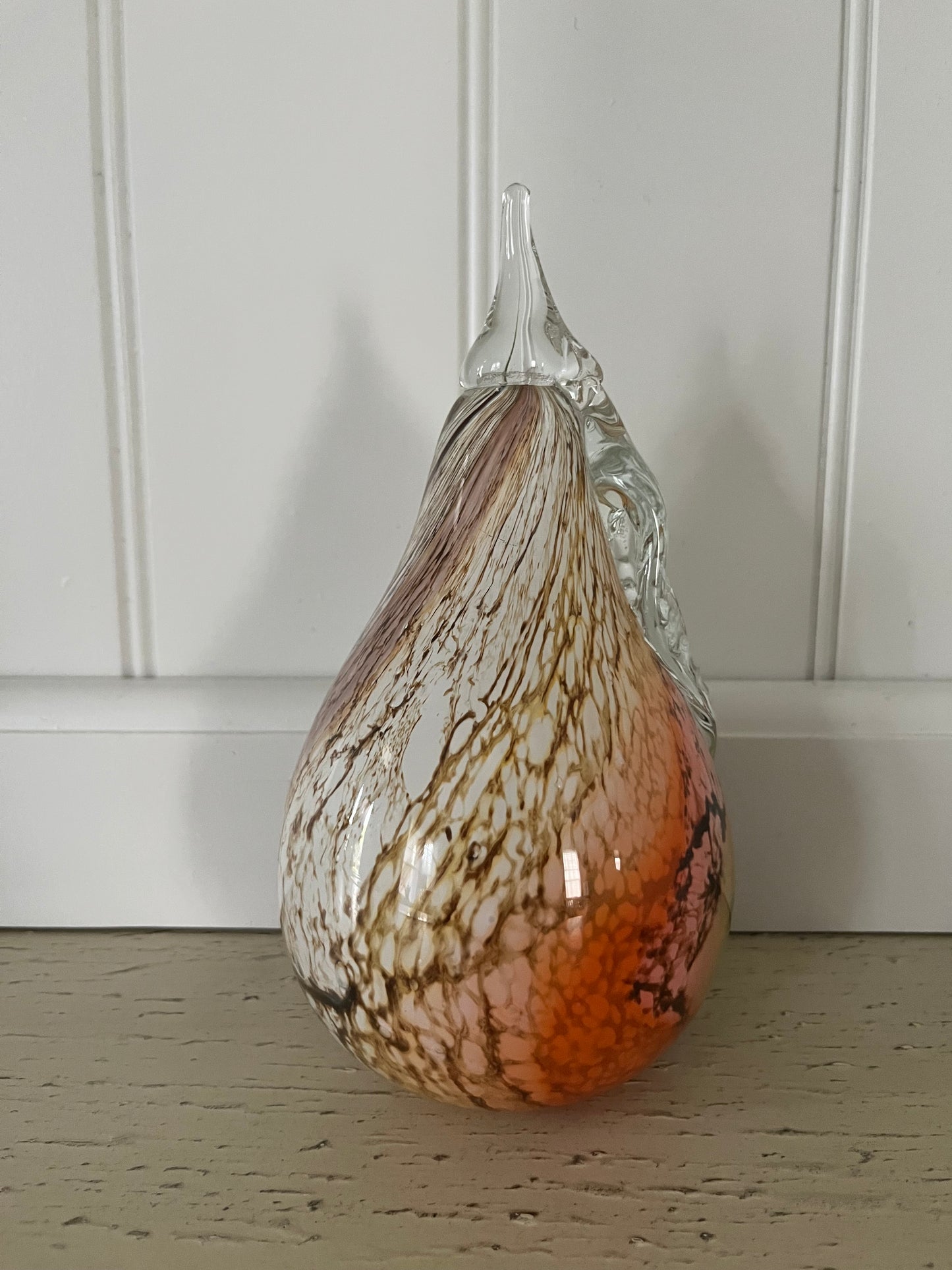 1990s Hand-Blown Art Glass Pear Sculpture – Multicolor Orange Green Brown Swirl