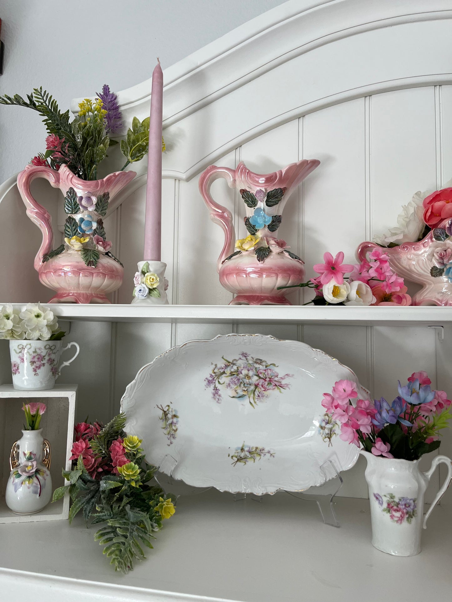 Antique German Porcelain Demitasse Cup – Pink Rose & Ribbon Garland, c. 1890–1910