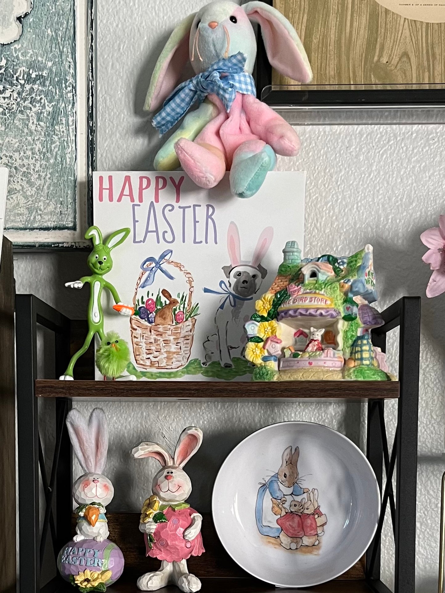 Pair of 6” Resin Easter Bunnies - Happy Easter Egg Bunny &  Pink Dress Bunny
