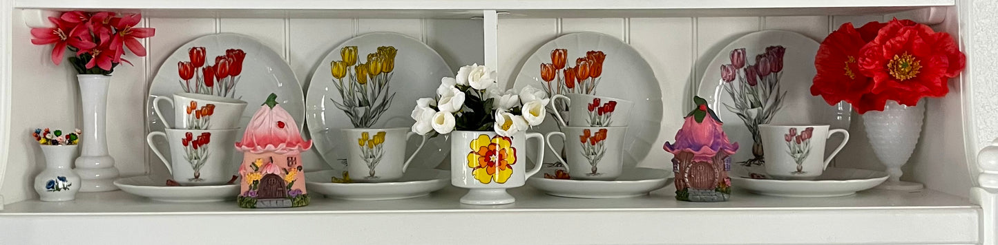 Vintage SEYMOUR MANN Orange Tulip Teacup & Saucer Set — Botanical Floral Porcelain Coffee Cups — Cottagecore Tea Party Decor — Set of 2 Cups & 2 Plates