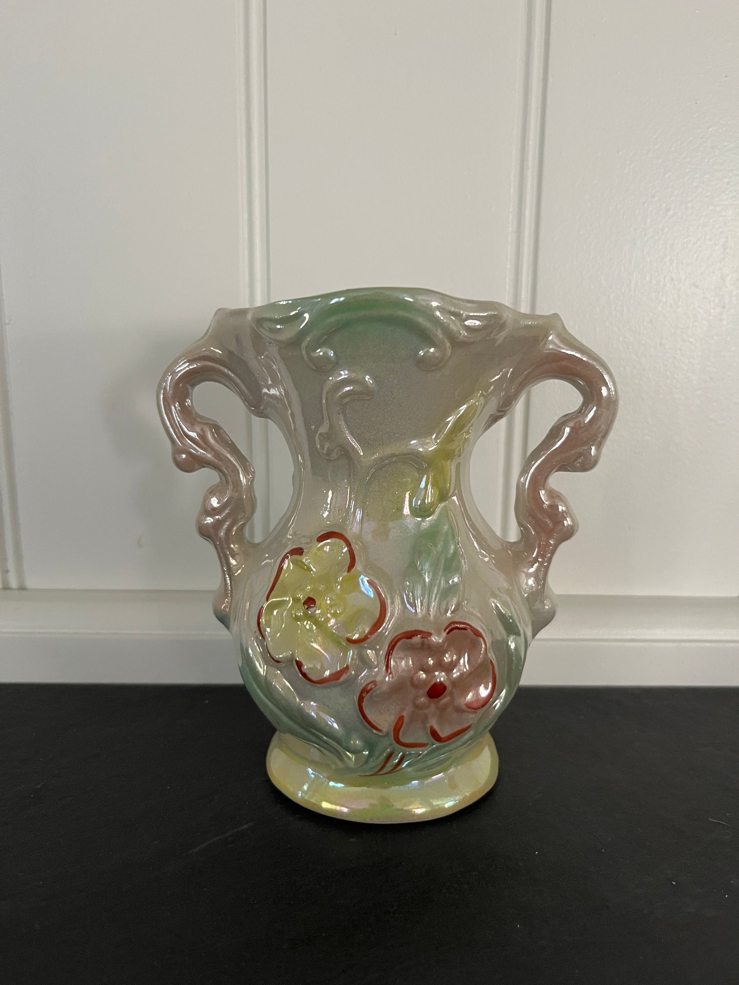 1960s Vintage Iridescent Lusterware Ceramic Amphora Vase with Raised Floral Motif and Ornate Handles – Made in Brazil