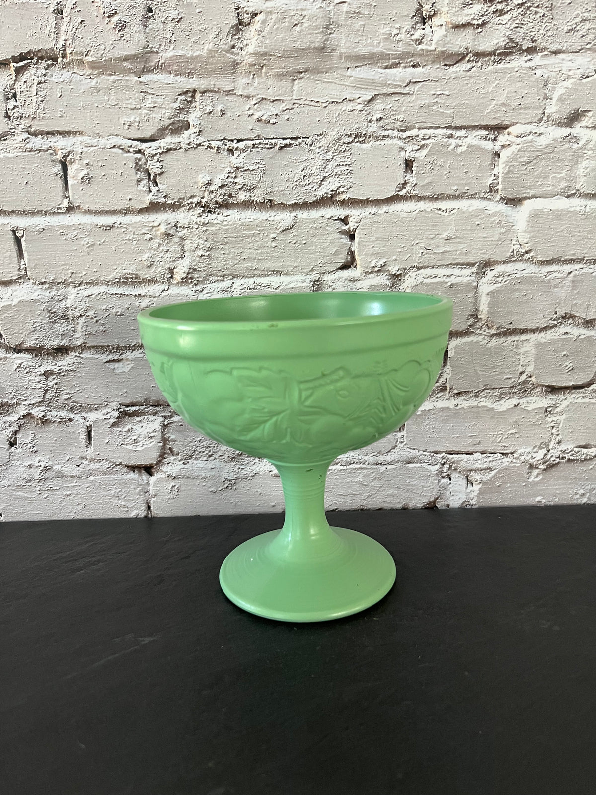 Vintage Painted Celadon Green Glass Cristal D’Arques–Durand Footed Compote | Embossed Fruit & Leaf Pedestal Bowl