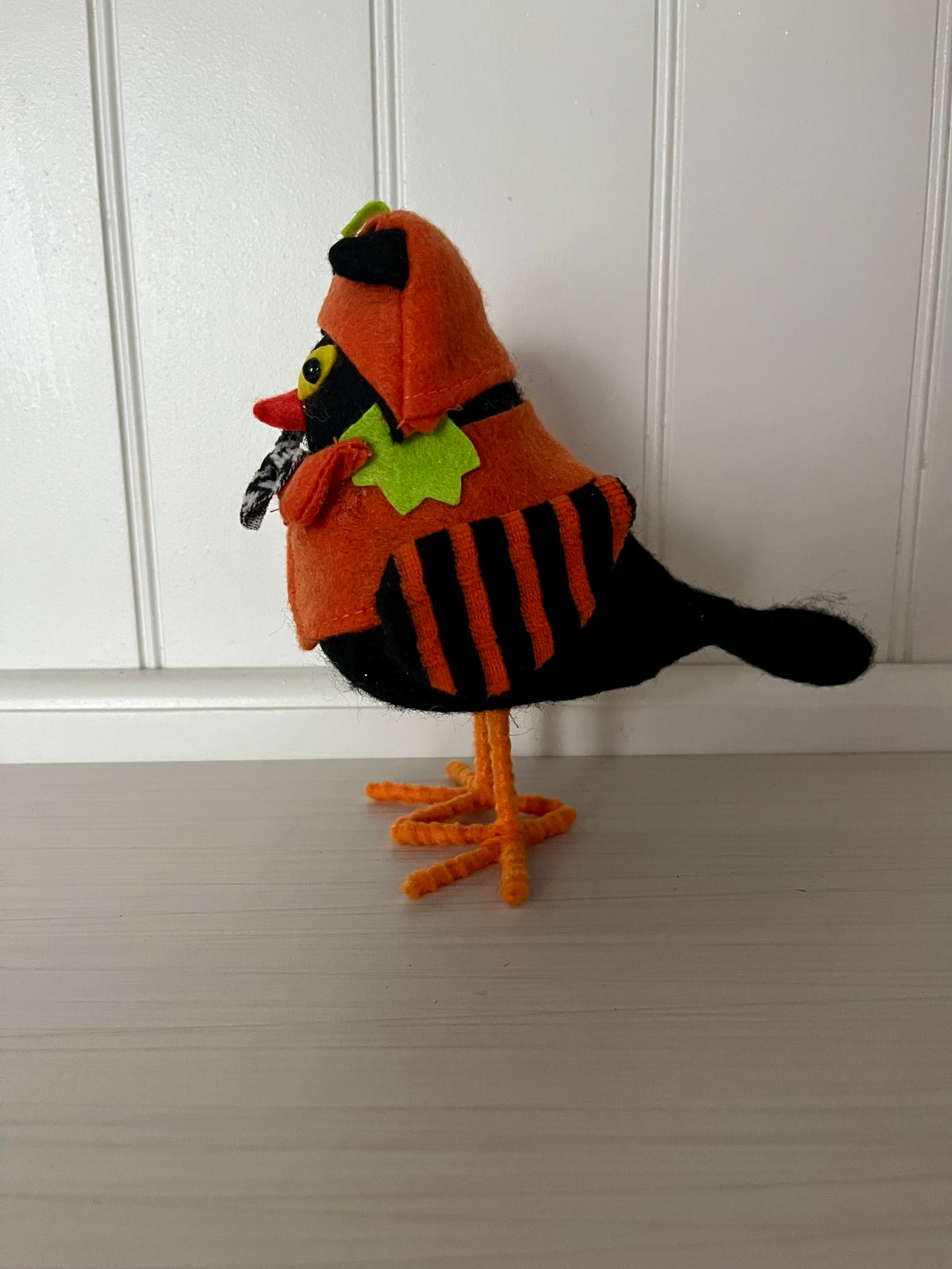 Retro Halloween Black Cat Bird Figurine in Pumpkin Costume | Felt Shelf Décor | 6”