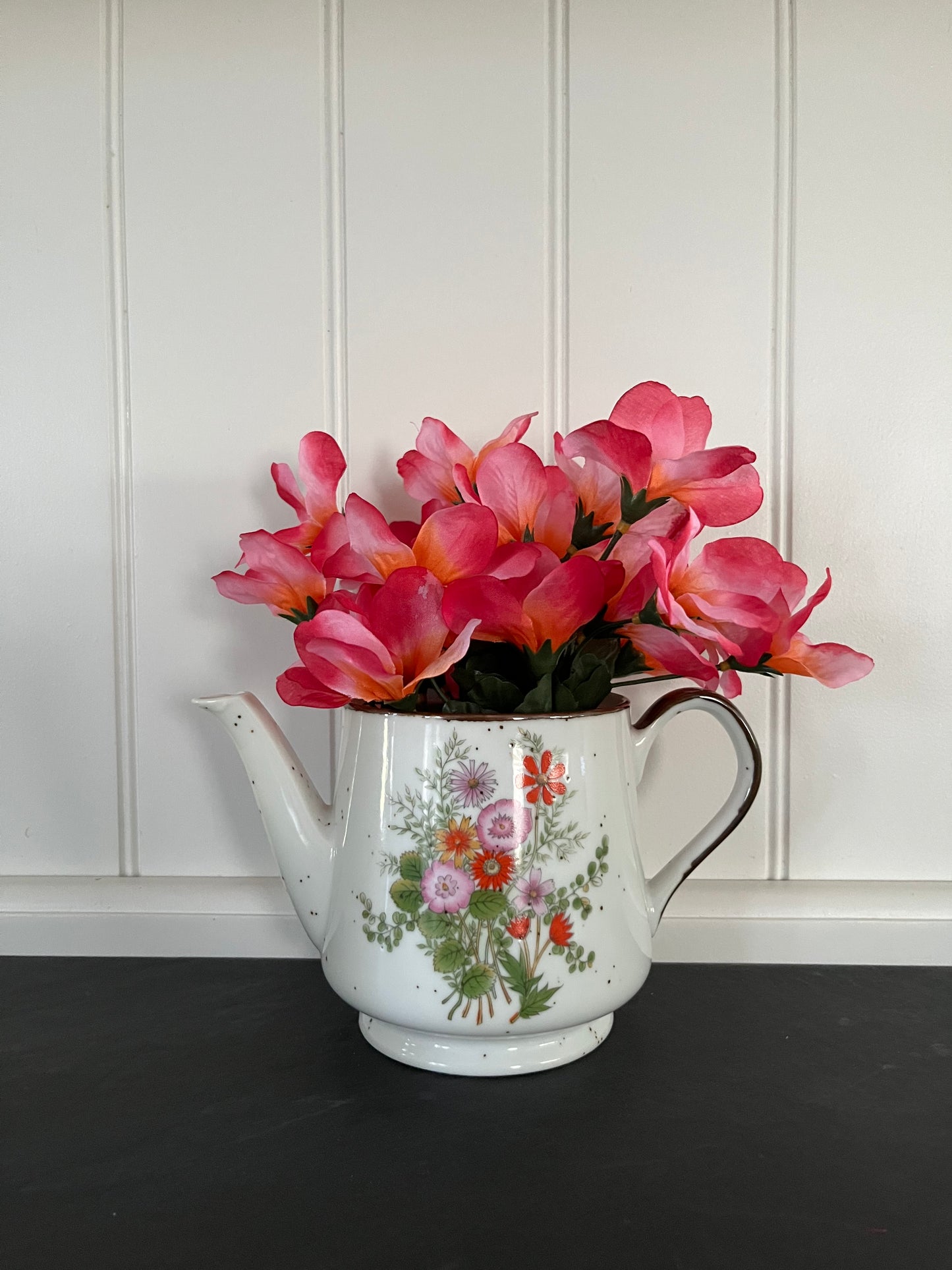 Vintage 1970s Japanese Stoneware Revival Teapot (No Lid) Vase with Wildflower Motif