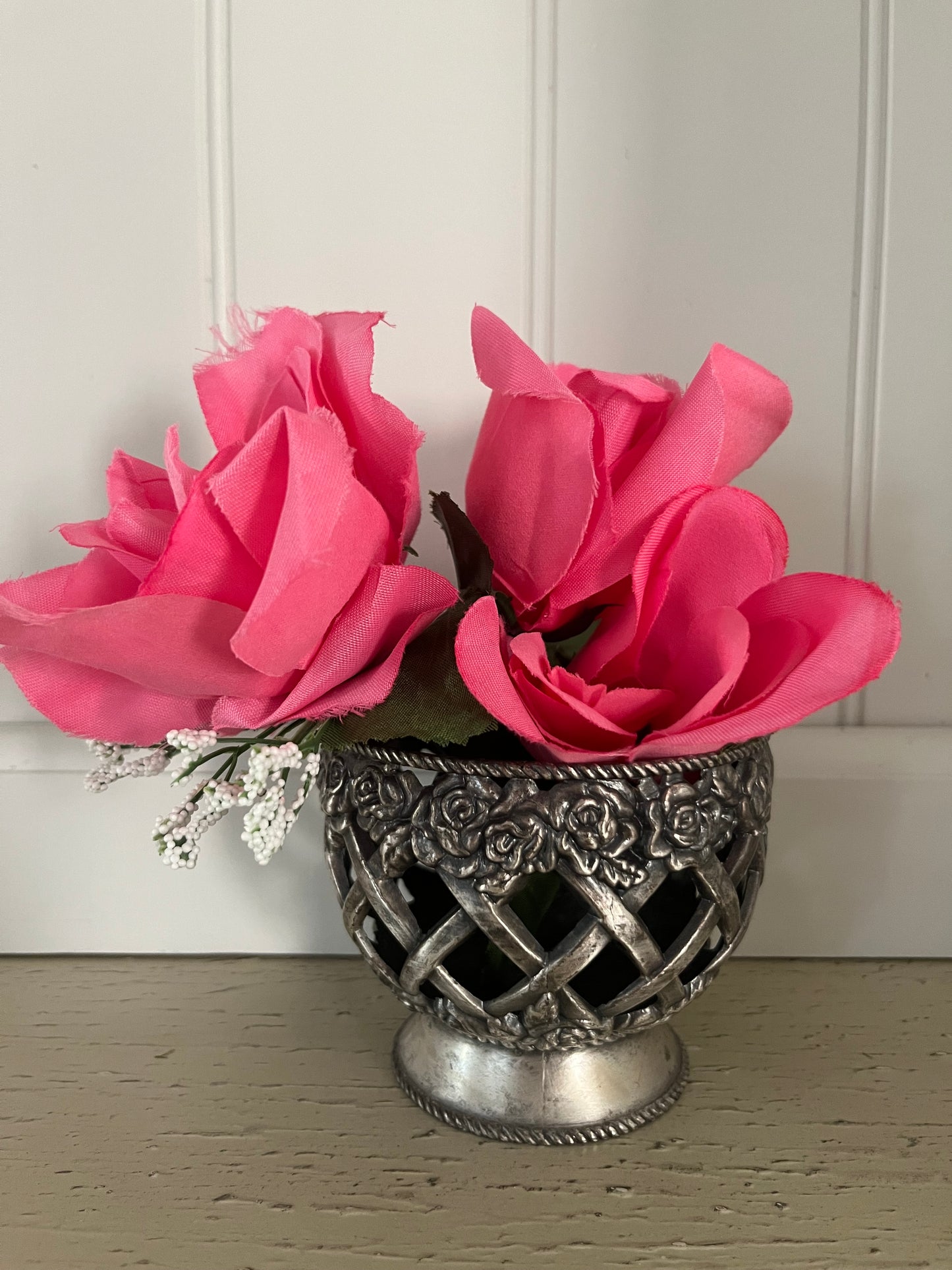 Vintage Rose Lattice Pewter Votive Candle Holder | Heavy Regency Floral Candle Cup (c. 1960s–1970s)