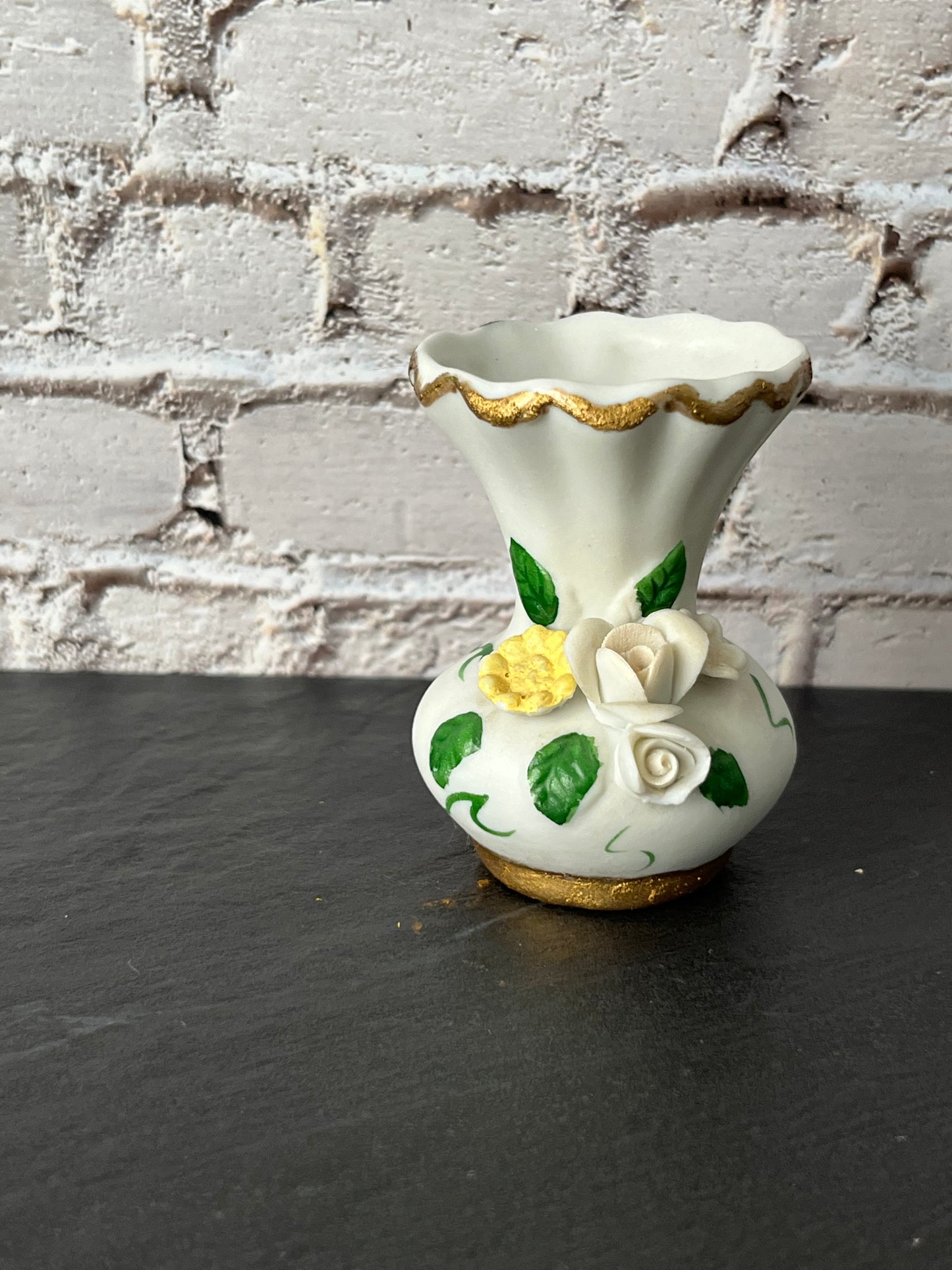 Vintage 1970s Mini Floral Vase White bisque Porcelain Bud Vase with Capodimonte style applied Roses – Made in Taiwan Gold Trim