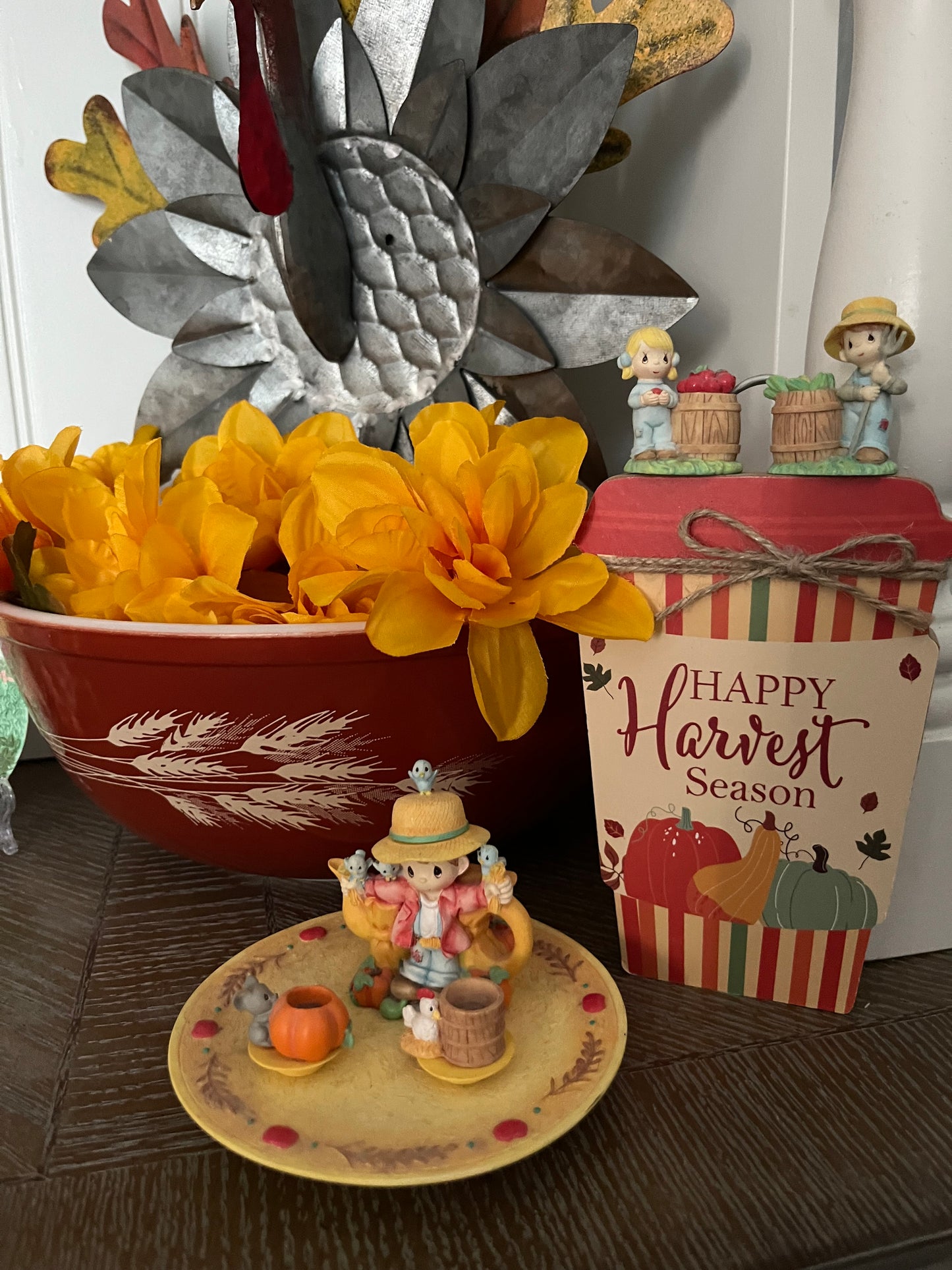 Vintage 1999 Precious Moments “Harvest Helpers” Fall Figurine Tea Set by Enesco – Pumpkin Patch Farm Scene on Display Plate