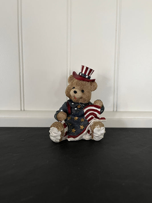 Vintage 1990s Americana Patriotic Teddy Bear Resin Figurine Uncle Sam Style Shelf Decor