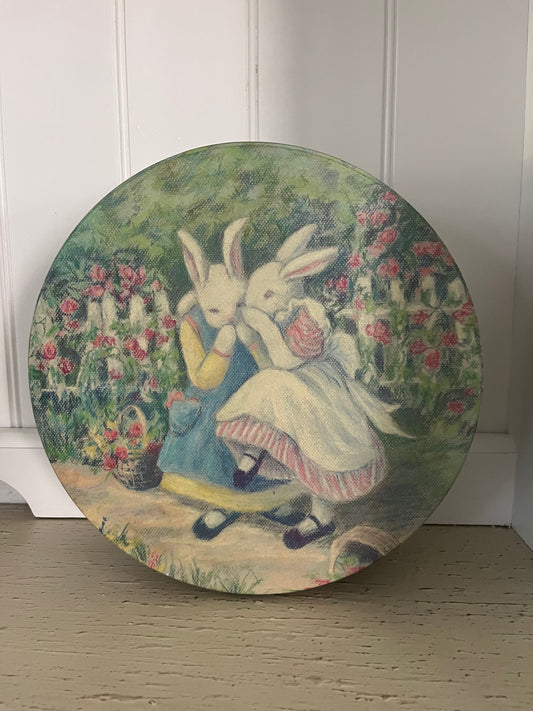 1980s Giggling Girl Bunny Rabbits In the Garden -Round Tin -
