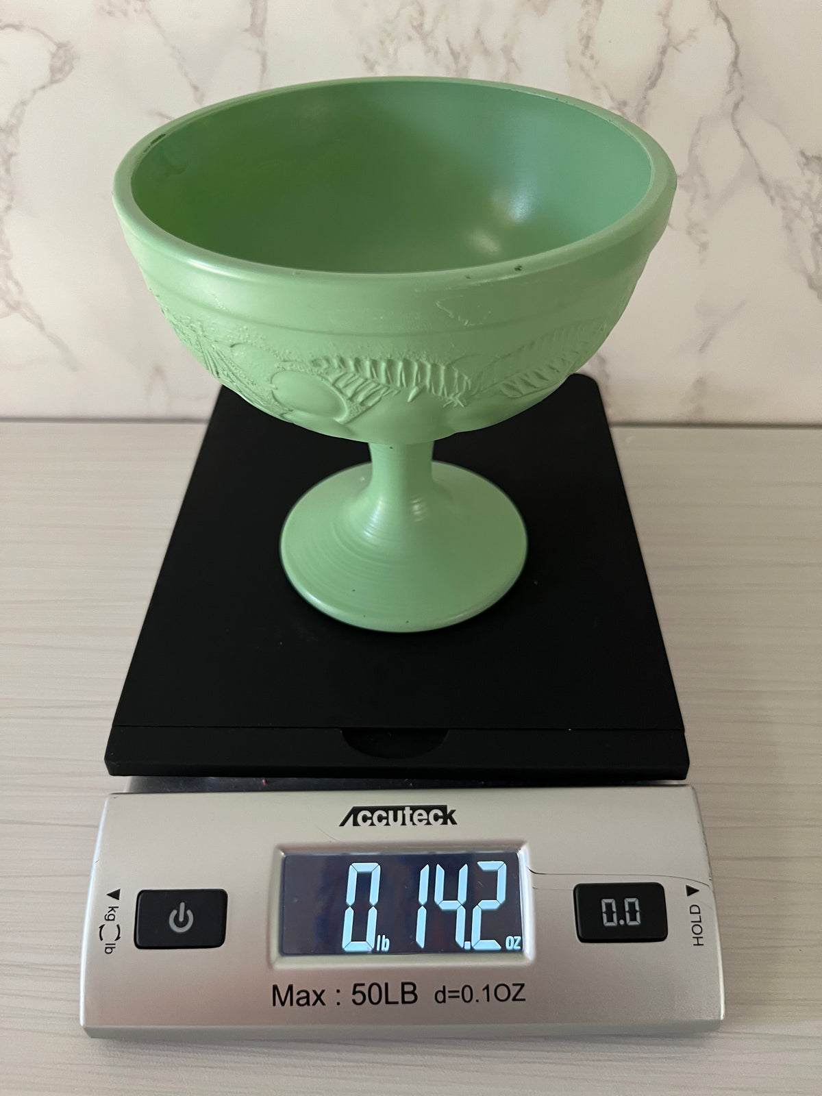 Vintage Painted Celadon Green Glass Cristal D’Arques–Durand Footed Compote | Embossed Fruit & Leaf Pedestal Bowl