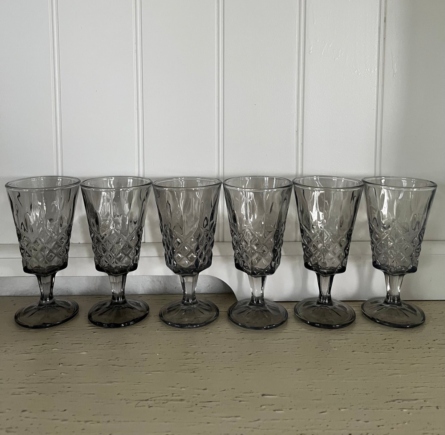 Retro Smoke-Gray Diamond-Cut Footed Goblets – Set of 6 (c. 1970s–1980s)