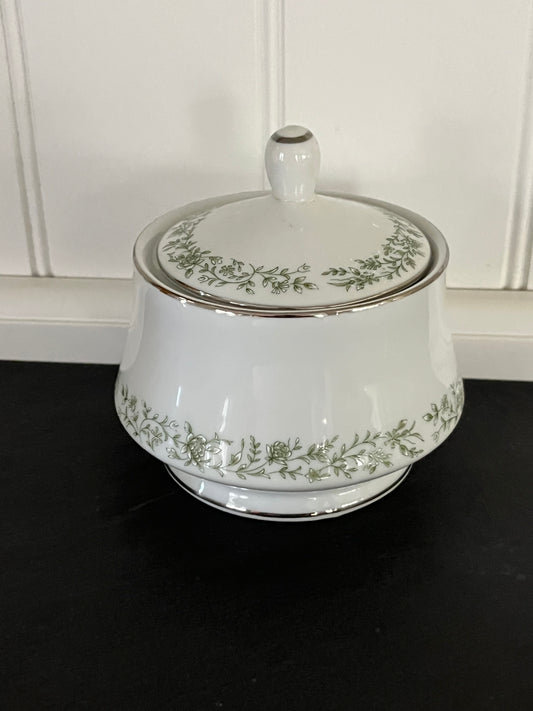 Vintage 1970s Mikasa Montclair G9059 Lidded Sugar Bowl | Fine China Japan | Green Floral Platinum Trim Cottagecore