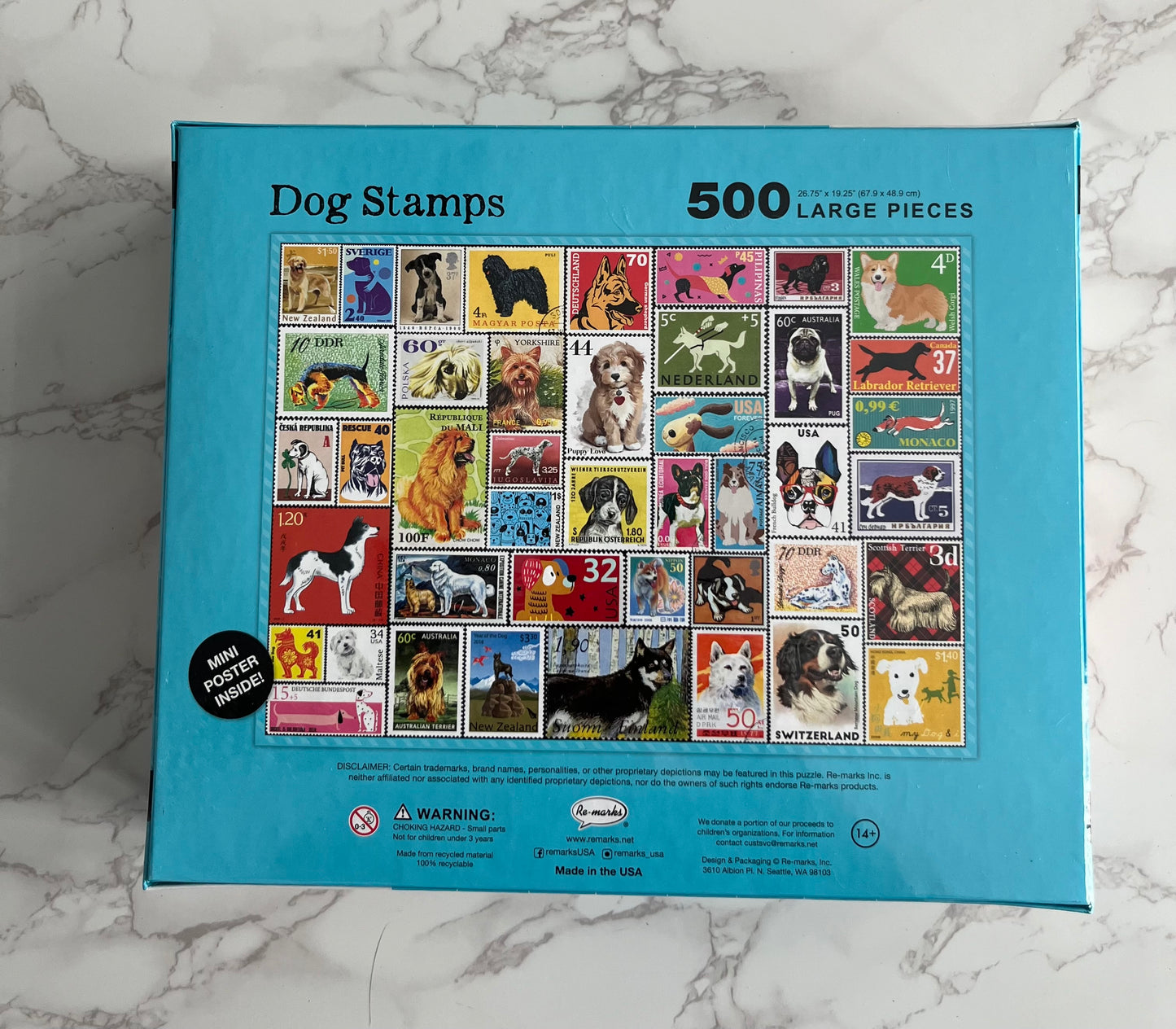 Sealed 2010s Re-marks “Dog Stamps” 500 Large Piece Puzzle — USA Made Postal Ephemera Dog Breed Collage Puzzle