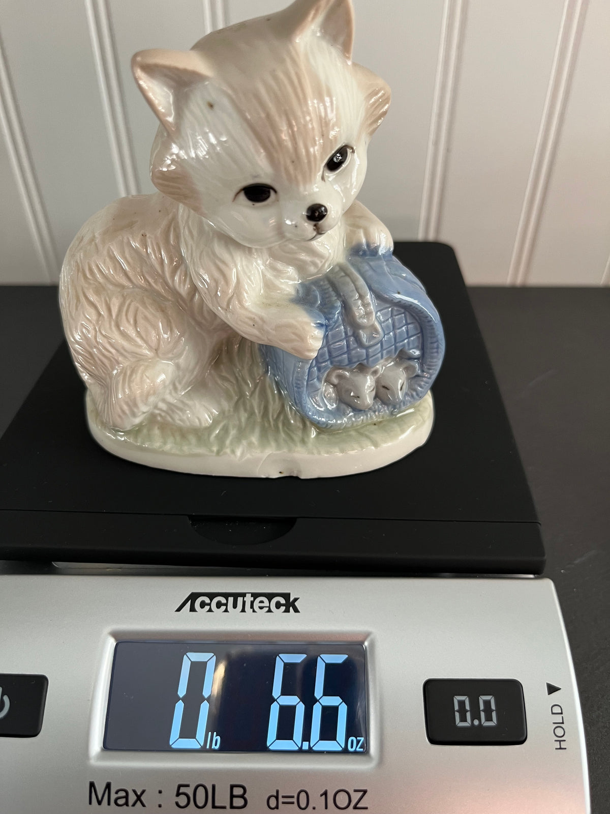 Vintage Kitsch  Artmark Cat with Mice in Blue Basket Porcelain Figurine | 1970s–80s
